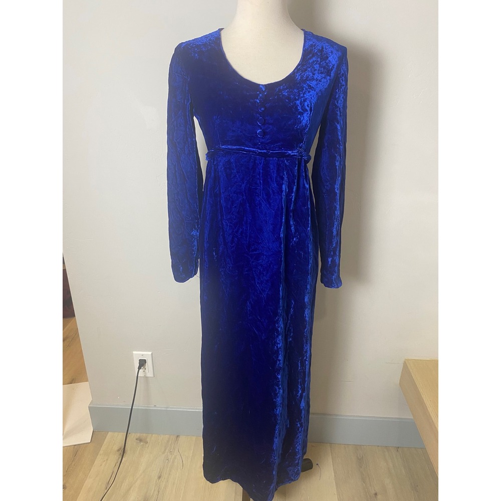 Vintage 1960s Royal Blue Crushed Velvet Empire Waist Maxi Dress Long Sleeve LS